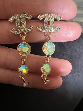 CHANEL Gold-Tone Iridescent Crystal CC Drop Earrings